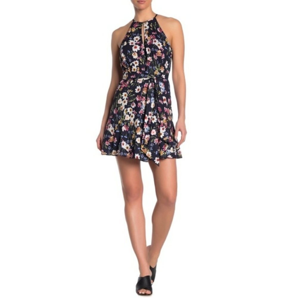 Parker Cosmic Daisy Navy Floral Halter Neck Fit & Flare Mini Dress Size M